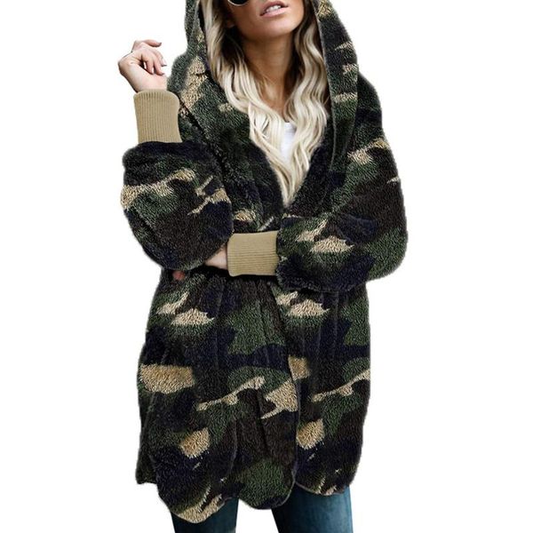 

women's jackets 2021 winter open front hooded oversized draped pockets plus size cardigan camouflage outwear casaco manteau femme hiver, Black;brown