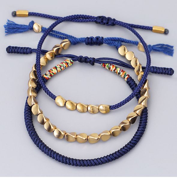 

kimter handmade copper beads bracelet adjustable tassel lucky braided rope string hand-woven cord strand bangle jewelry q513fza, Golden;silver