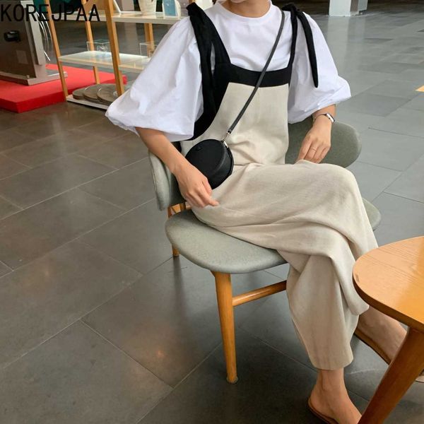 Korejpaa Frauen Overalls Sommer Koreanische Chic Weibliche Kontrast Nähte Weiche Bequeme Breite Bein Hosenträger Overall Hosen 210526