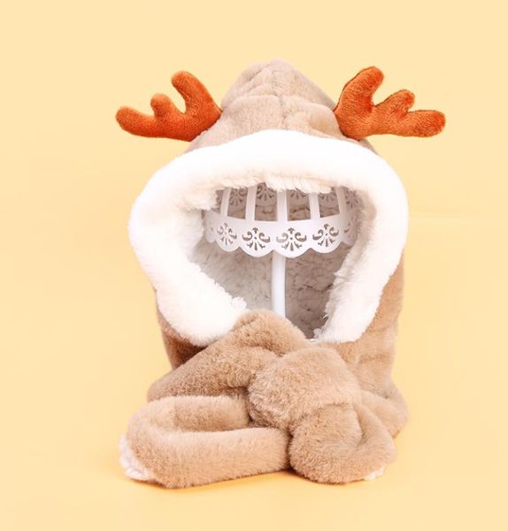 Bambini Inverno 2 in 1 Antlers Cappello di peluche Ragazzo Ragazza Sciarpa calda Berretto Bambino Paraorecchie spesso Cappuccio avvolgente per bambini 2Y-6Y Rosa Grigio Beige Cachi