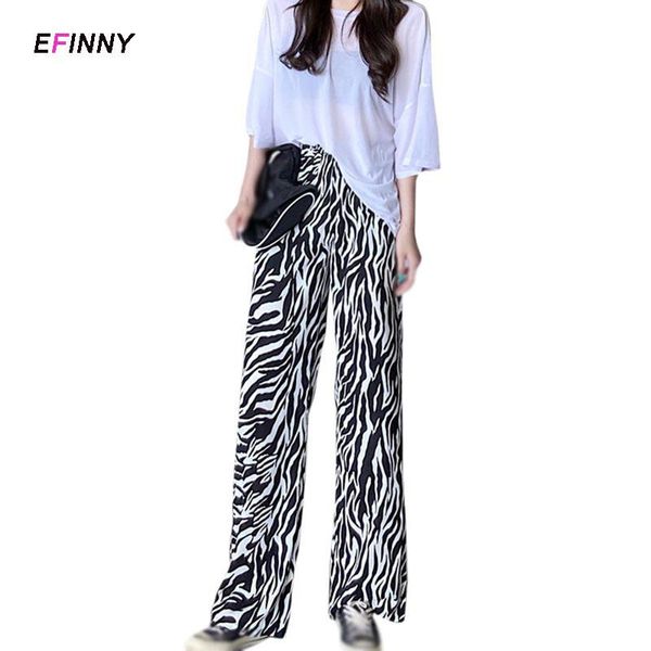 

women's pants & capris women wide leg zebra print trousers summer autumn casual trouser ladies elastic waist flat fashion streetwear, Black;white