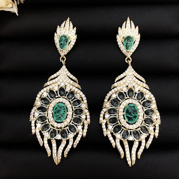 

backs earrings green crack luxury feather leaves personality atmosphere face thin s925 silver needle, White