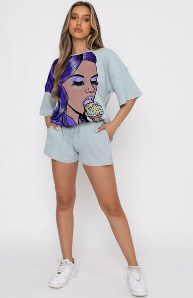 

women's tracksuits 2021 leisure fashion street printed commuter pajamas style loose short sleeves two piece set, Gray