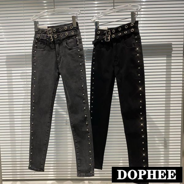 

women's jeans skinny autumn water diamond metal ring belt elastic slim punk pencil pants high waist denim xy2v, Blue