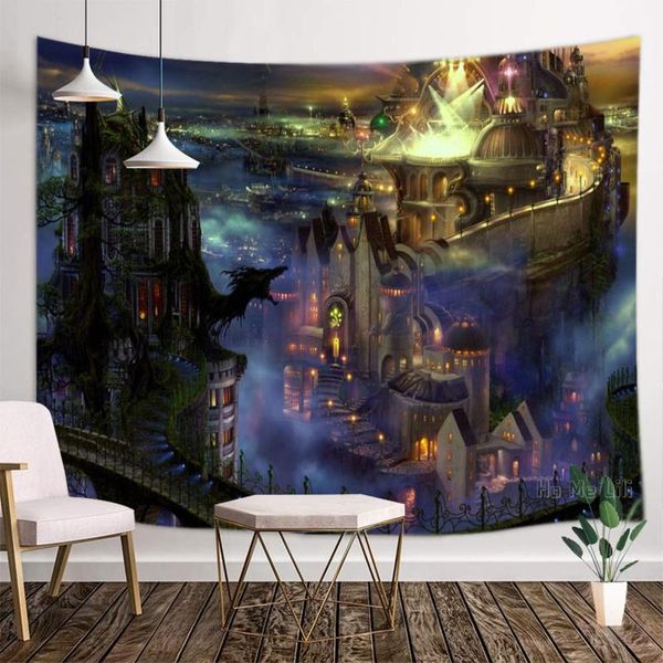 Arazzi Fantasy City Building Paesaggi Lava Mountain Steam Art Meccanico Retro Wall Appeso Decorazione della casa per