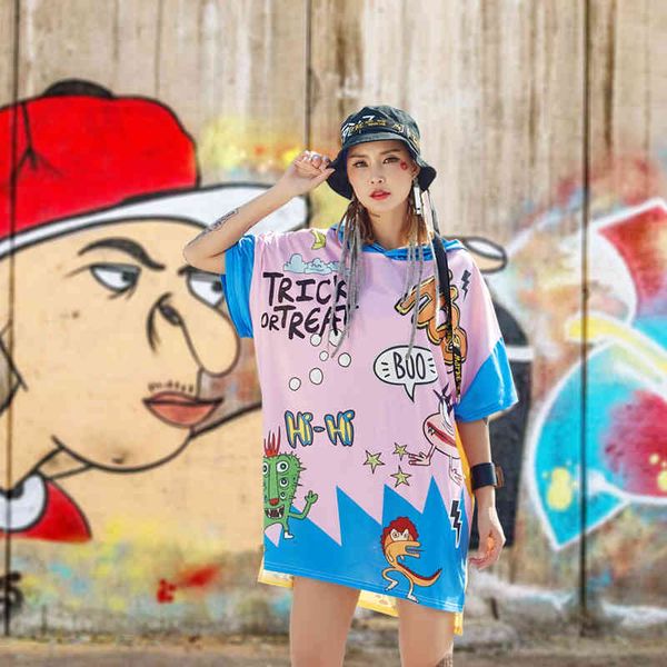 

polo ladies short-sleeved t-shirt european and american hooded sweater pink monster cartoon ulazzang student casual tide top, White