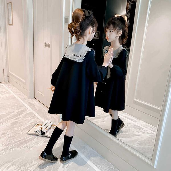 

girls' skirt and autumn 2021 children's fashionable plaid collar bow girls' spring drs, Black;gray