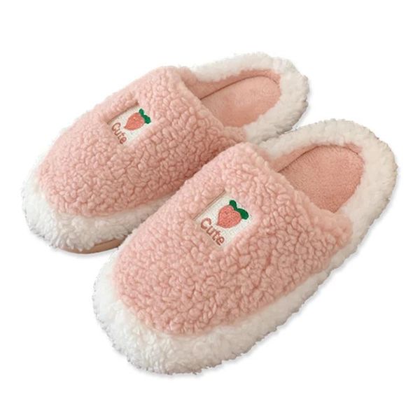 

cute pink peach girls house fuzzy slippers winter keep warm plush bedroom non-slip cotton shoes women fur, Black