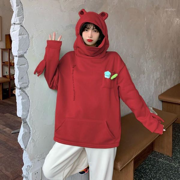 

oversize sweatshirt plus size korean hoodie fall/winter frog pullover college harajuku street casual velvet couple wear men's jackets, Black;brown