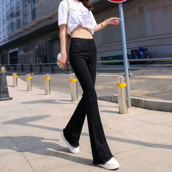 

denim micro pants women's high waist summer slim and elastic wool drop feeling horn, Blue