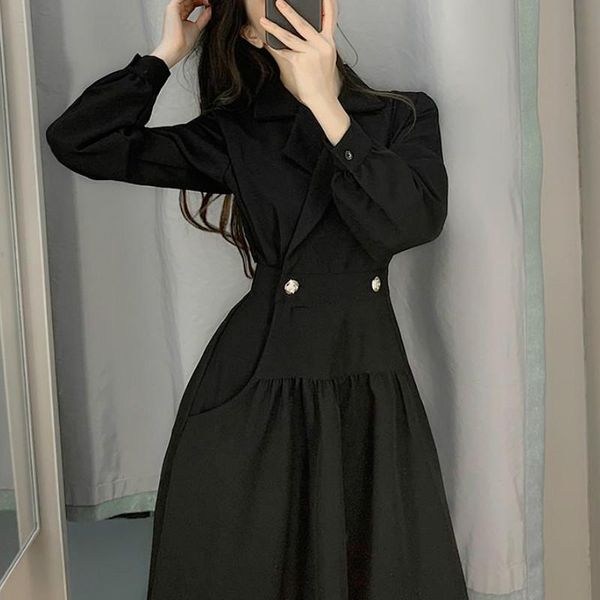 

casual dresses black vintage dress women elegant slim office lady midi korean female fad autumn winter women's clothing, Black;gray