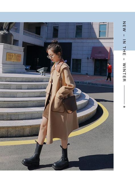 

women's wool & blends 2021 korean style camel loose thick woolen coat classic stylish and comfortable warm trench, Black