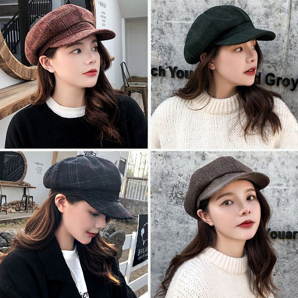 

korean version of the literary octagonal hats retro casual plaid beret for men and women, Blue;gray