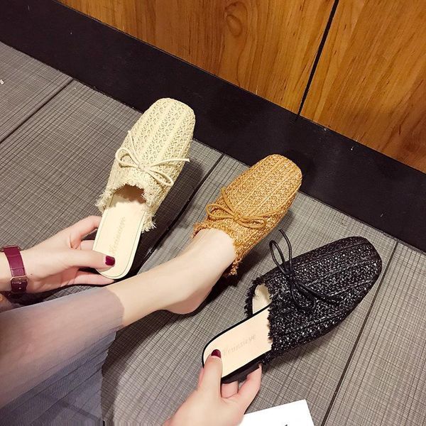 

slippers handmade bow-tie cover toe women fringe square flip-flops breathable cane weaving low heels beach shoes woman 1jdk, Black