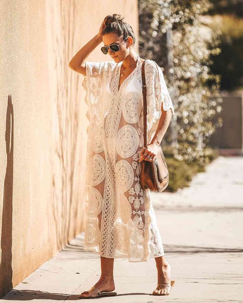 

women's swimwear bohemian vintage maxi summer v neck flower white boho long pareo holiday sheer bikini cover up equc, White;black