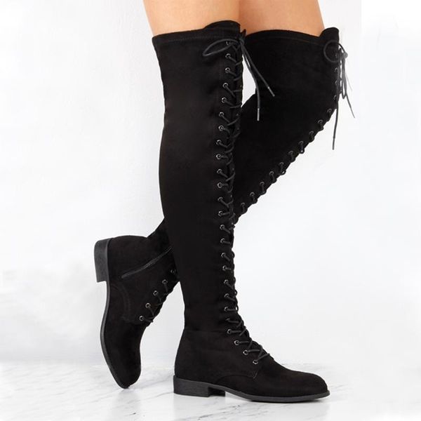 

boots lace up over knee women rome style flats shoes woman long winter thigh high, Black