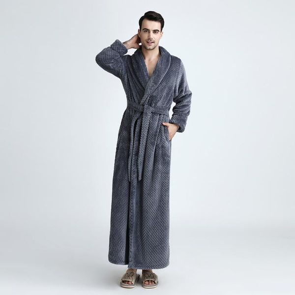 

men's sleepwear men warm velvet bathrobe long sleeve solid thickened fala fleece robe pajamas waistband pocket suit, Black;brown