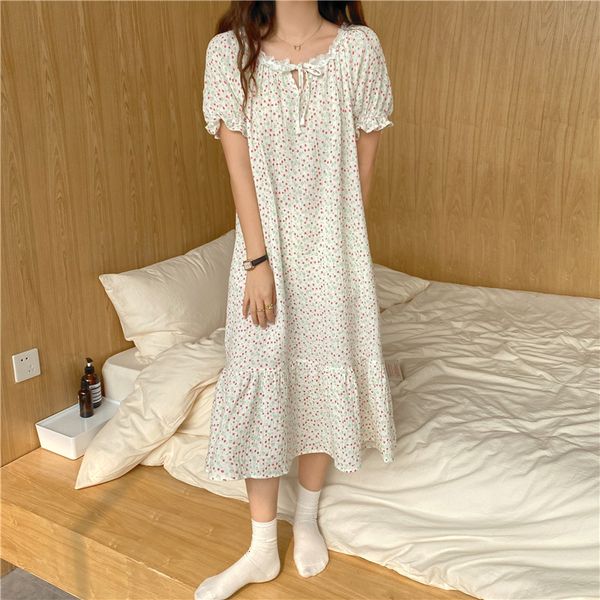 

casual dresses prairie style homerwear sweet night pajamas printed florals loose all match prom summer short sleeves qchm, Black;gray