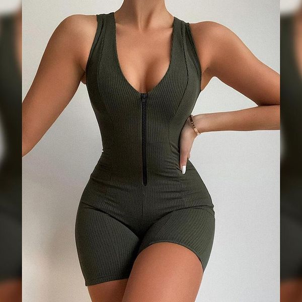 

yoga outfit pants women jumpsuit zipper fitness running stretch tight sports shorts high-waist v-neck thread workout gym suit summer