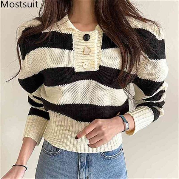 

color-blocked striped knitted women pullover sweater full sleeve turn-down collar buttons korean elegant female jumper 210513, Black
