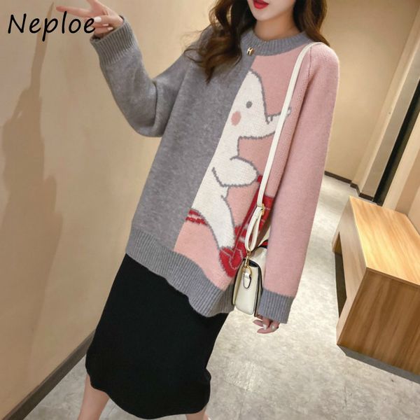 

women autumn and winter cartoon cute knitted pullovers korean patchwork color matching loose thick sweaters 82359 210430, White;black