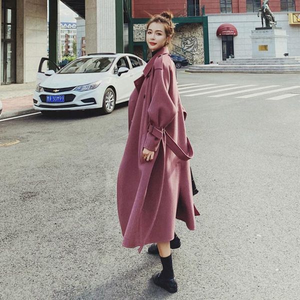 

women's wool & blends jacket women coat purple winter loose over knee woolen veste manteau femme, Black