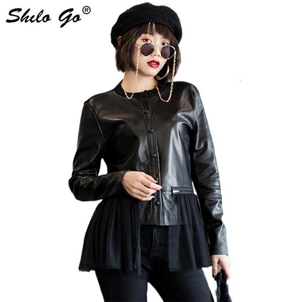 

women's jackets streetwear leather blouses women spring casual single breasted pleated spliced sheepskin genuine shirts female shirt yv, Black;brown