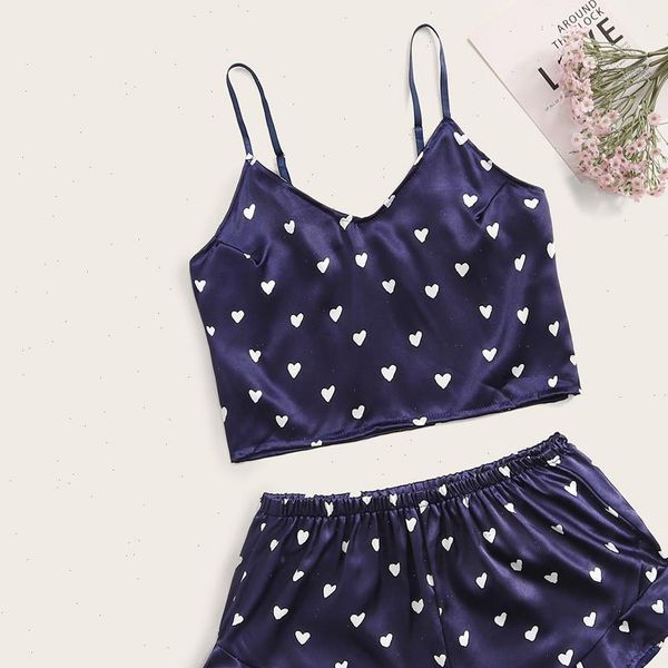 

pyjamas pajamas heart print womens sleepwears satin camisole ruffled flounce shorts lingerie set, Black;red