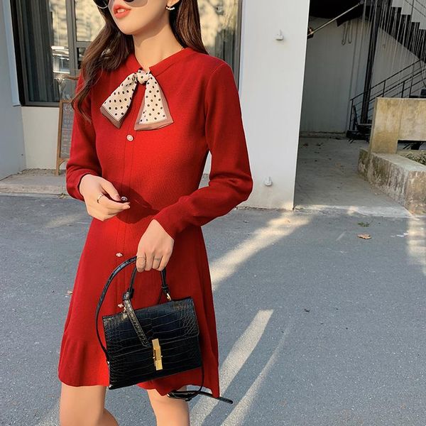 

knitting women one-piece dress korean dresses red black caramel color 6186 casual, Black;gray
