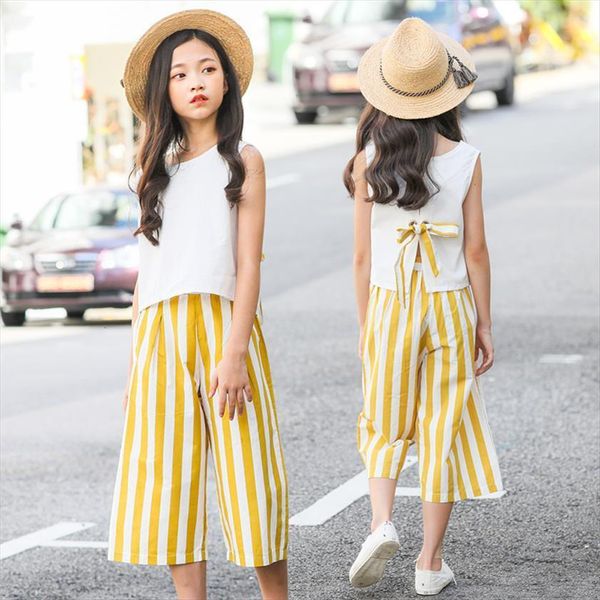 

summer girls casual clothing sets children sleeveless stripes wide leg pants outfits 2pcs kids 8 10 12 14 year, White