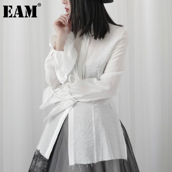 

[eam] women white burr casual bow slit blouse lapel long sleeve loose fit shirt fashion spring autumn 1dd6706 210512
