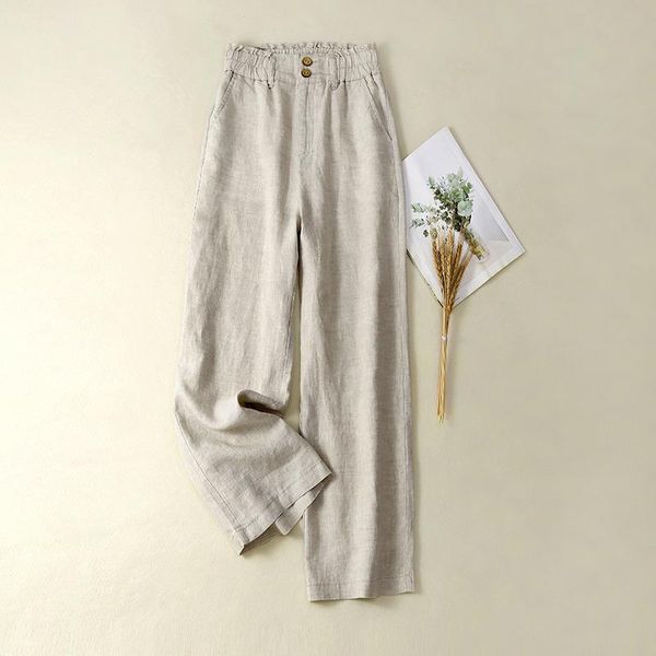 

women's pants & capris limiguyue arts style summer loose cotton linen women elastic waist straight leg trousers casual pockets long k22, Black;white