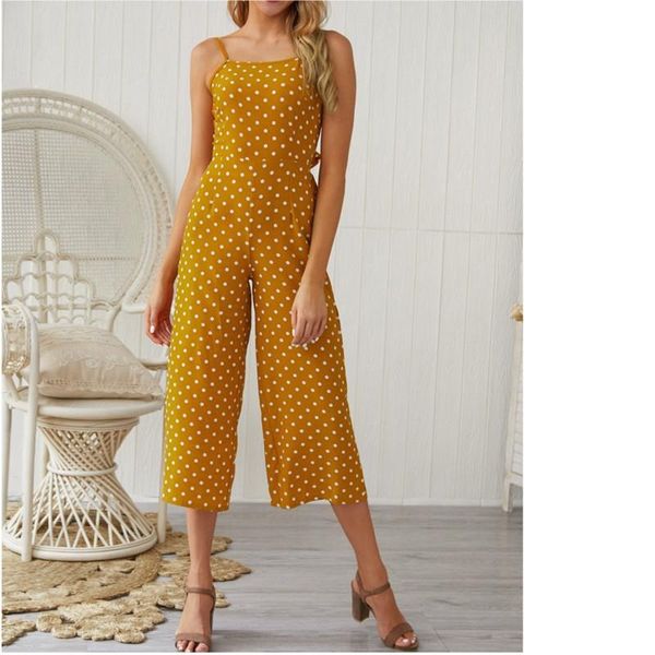 

women's jumpsuits & rompers 2021 summer dot pringted sleeveless jumpsuit women backless bandage bow tie wide leg pants boho mono mujer, Black;white