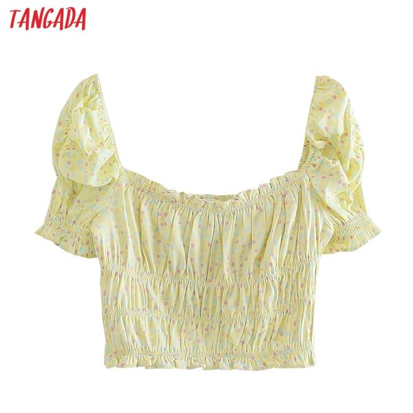 

women retro yellow floral print crop short sleeve summer chic female slim shirt 5z130 210416, White