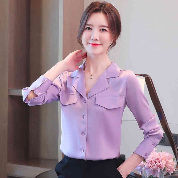 

korean silk women shirt long sleeve shirts woman satin blouse ol white v neck blouses plus size 210427