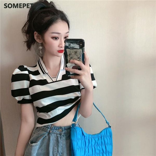 

women's t-shirt korean chic summer women short sleeve tee casual striped vintage v-neck basic sexy, White