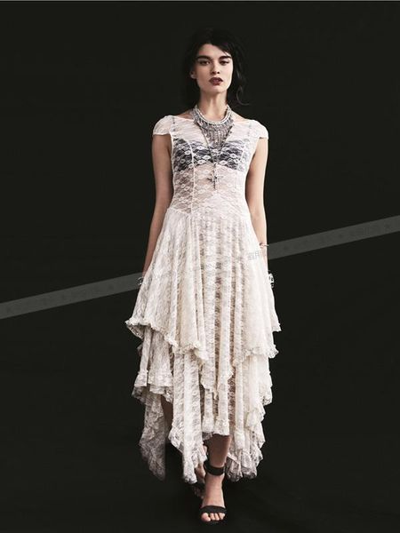 

women white and black lace dress boho hippie style asymmetrical embroidery sheer long dresses double layered ruffled, Black;gray