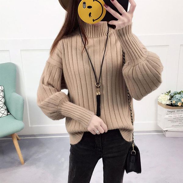 

women's sweaters autumn winter korean women polyester loose knitted pullovers thick long sleeve turtleneck lantern, White;black