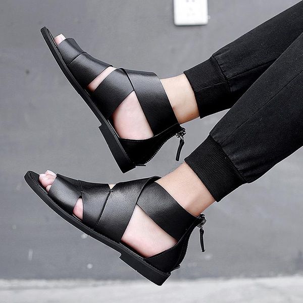 

sandals fashion genuine leather gladiator men high rome shoes summer cross straps peep toe zip sandalia scarpe uomo eleganti, Black