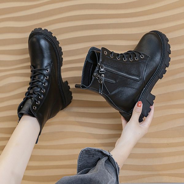

2021 autumn inner heightening leather martin breathable korean versatile thin women's short boots, Black