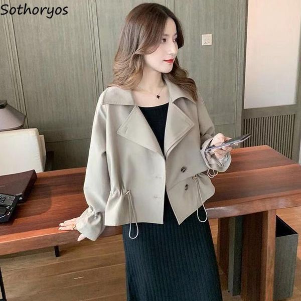 

women's trench coats cropped women drawstring slim fit tender spring british style classic outwear female college overcoat, Tan;black
