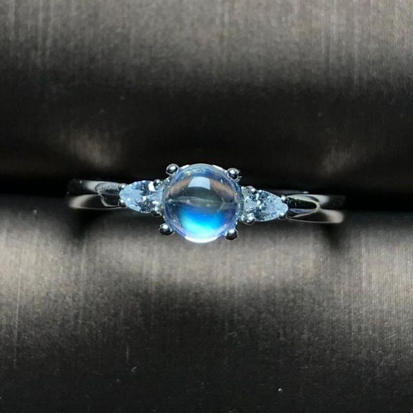 

cluster rings natural glass body blue moonstone ring 925 silver ladies simple and compact fashion trend, Golden;silver