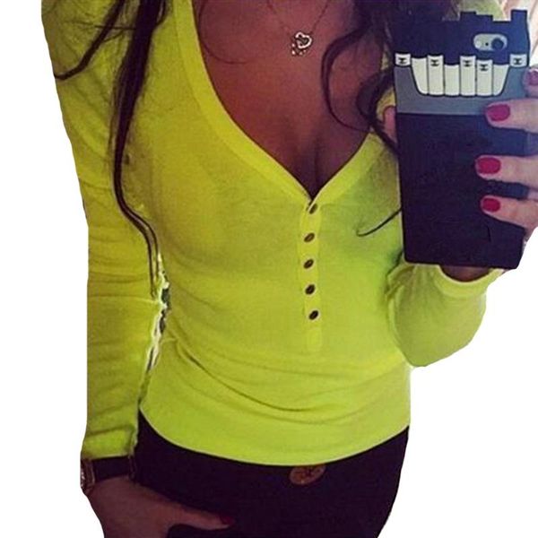 

women's t-shirt ysdnchi casual fashion tees long-sleeved button v-neck spring women slim fit shirts green white