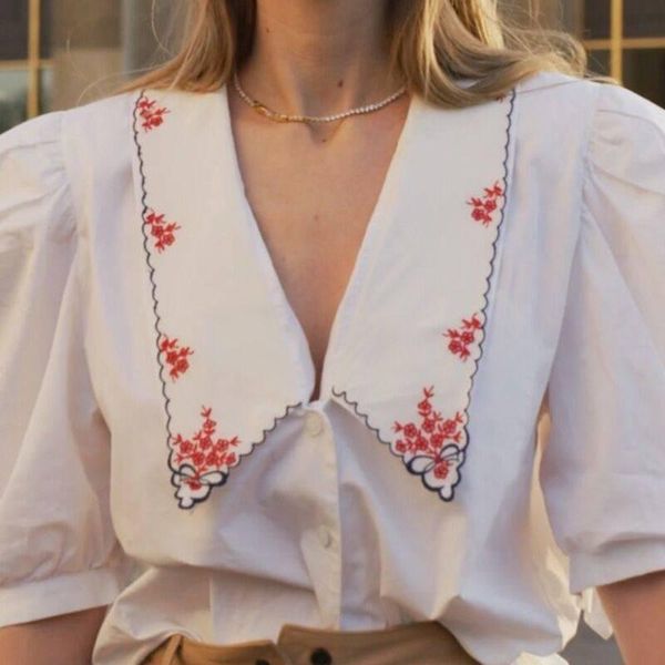 

summer style leisure short sleeves women's embroidered doll collar bubble short-sleeved shirt blouses & shirts, White