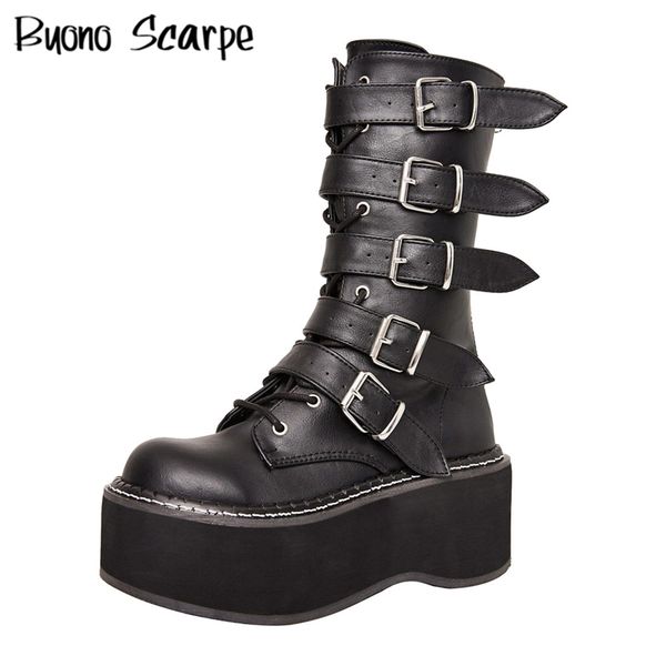 

platform women black buckles boots belt combat women boots female autumn winter zipper shoes thick sole punk botas mujer gothic 926