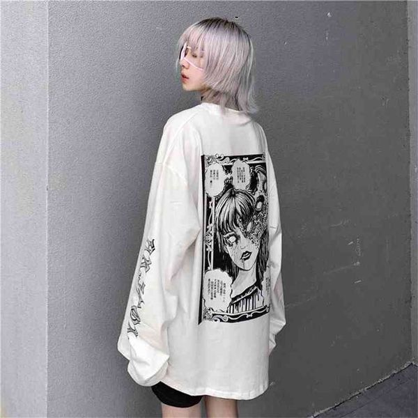 

nicemix cartoon horror graphic t-shirt women character print loose punk japanese t shirts pullover harajuku street tees 210720, White