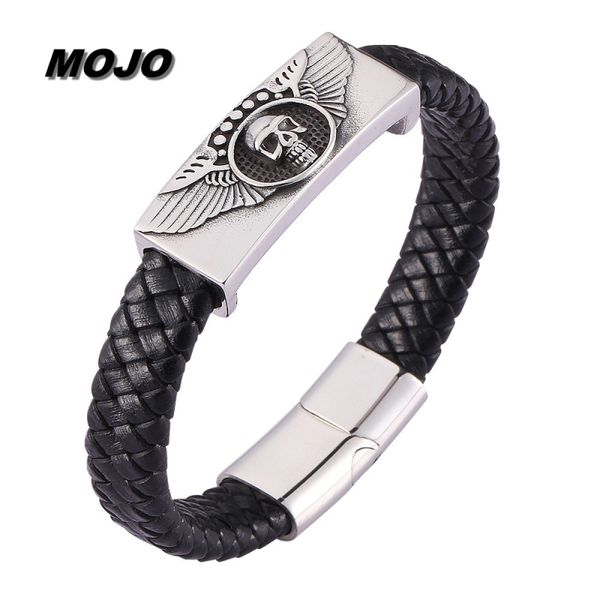 Top-Qualität Viking Männer Edelstahl Schädel Charm Armbänder magnetische Schnalle schwarz echtes Lederarmband