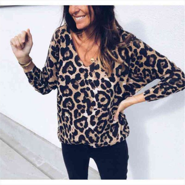 

fashion animal leopard printed loose blouse women long sleeve v neck stretchable elegant shirt, White