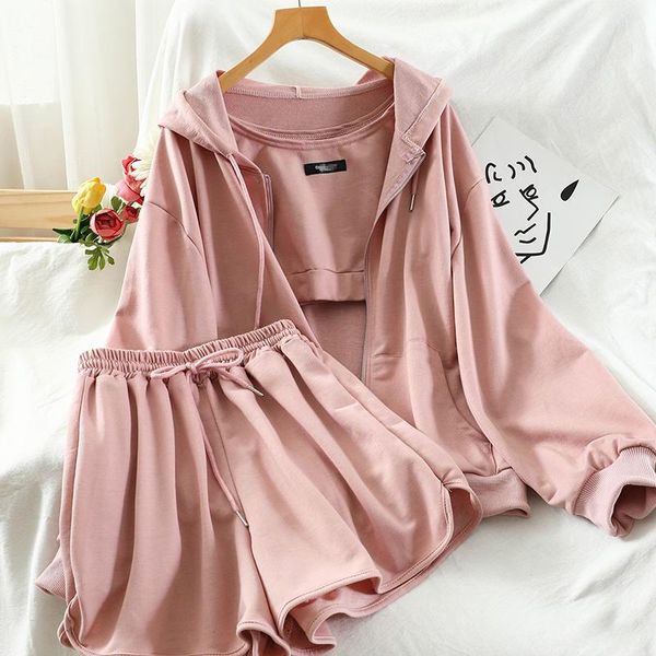 

women's tracksuits fashion casual zipper solid long sleeve lace up hooded sweater coat 2021 summer women slim three piece suit, Gray