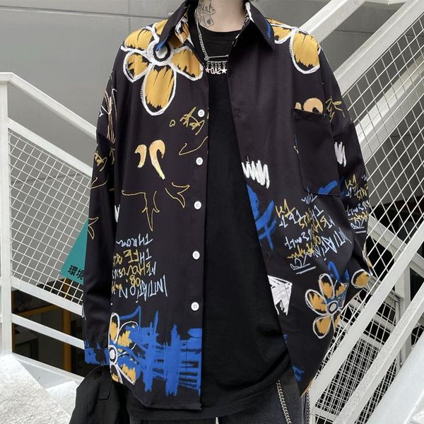 

men's womens trendy breathable cotton shirts summer and autumn slim solid color retro dark graffiti print loose casual young clothing s, White;black